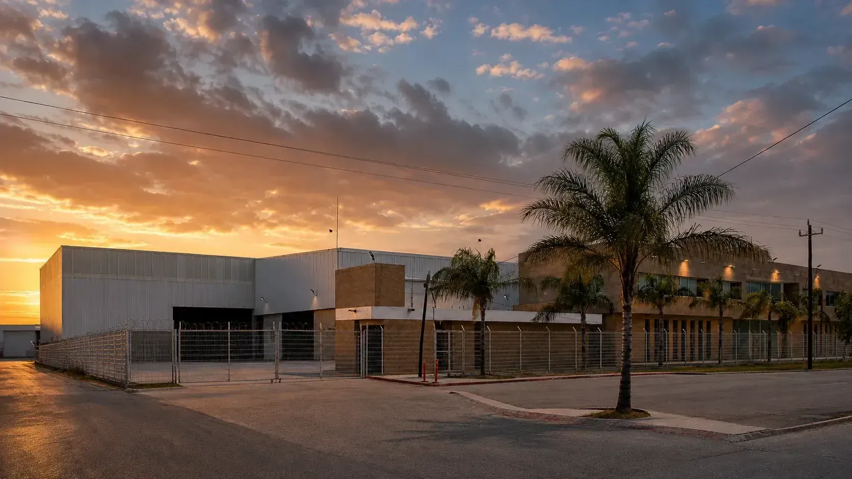 Instalaciones industriales de Strong Kranes bajo un cielo nublado al atardecer.