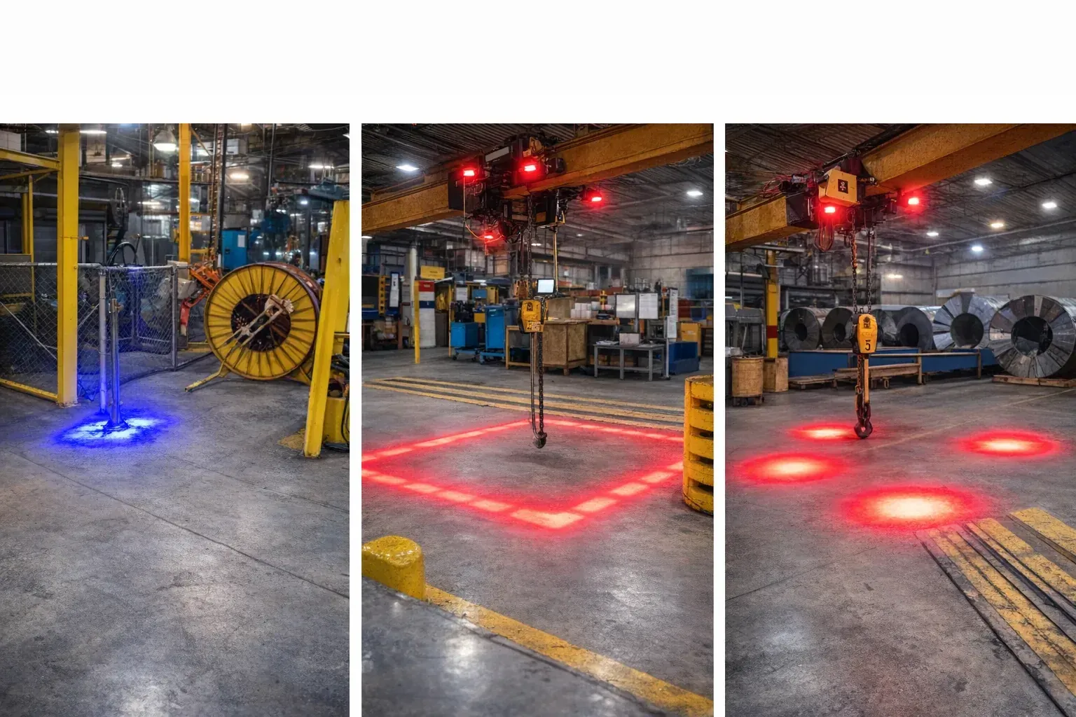 Comparación de proyecciones azules y rojas de luces de seguridad para equipos de izaje